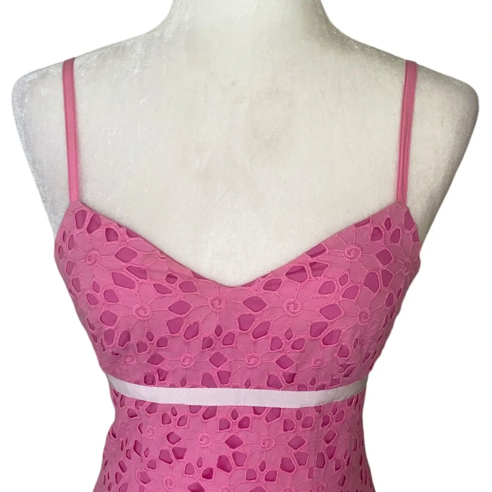HTF Lilly Pulitzer Pink Floral Eyelet Lace White Ribbon Sheath Mini Dress - 0 - Picture 3 of 9